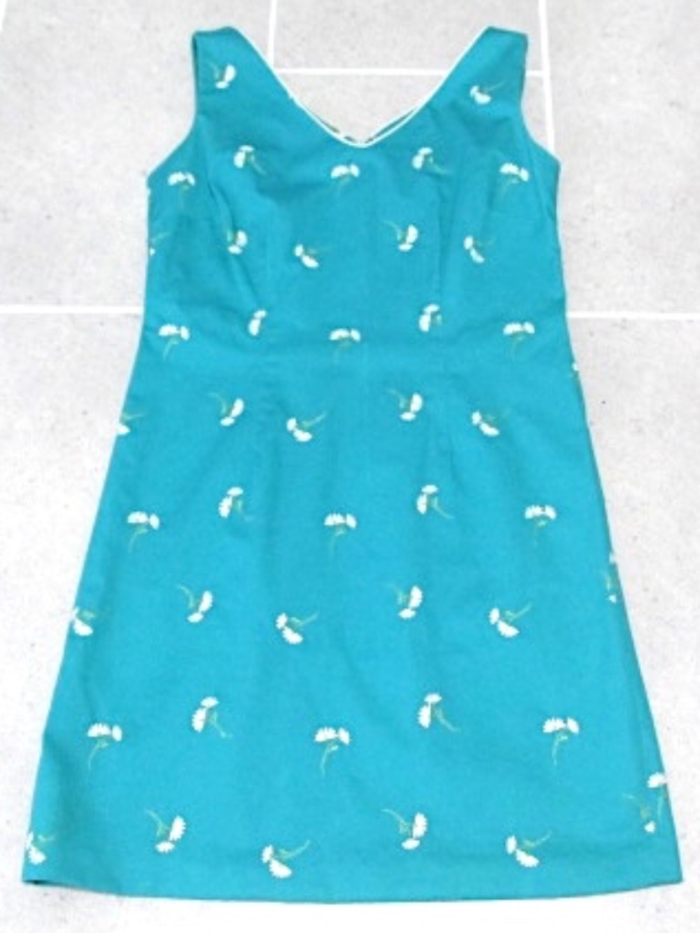 Y2K Cotton Teal Sundress with White Floral Embroidery, Size 8